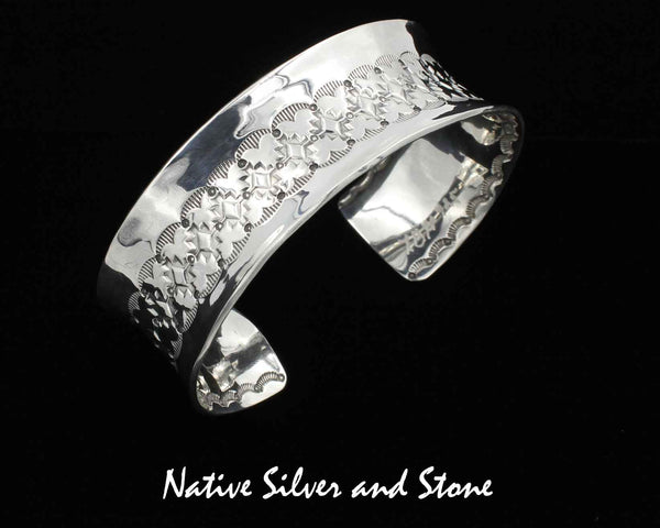 Z L Bruce Hodgins, Navajo (Deceased)<br>Bracelet - 1" Cuff<br>Anticlastic Sterling Silver<br>Double-Sided Overlay & Stamped<br>X Large 7-7/8"