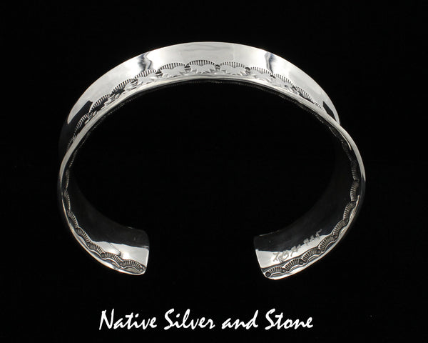 Z L Bruce Hodgins, Navajo (Deceased)<br>Bracelet - 1" Cuff<br>Anticlastic Sterling Silver<br>Double-Sided Overlay & Stamped<br>X Large 7-7/8"