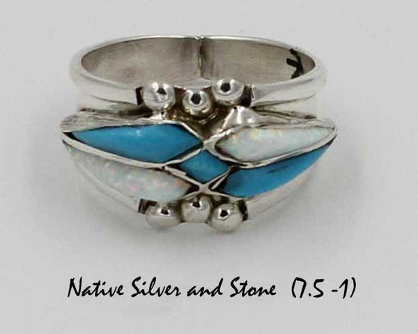 L Panteah (Copy of Arick & L Lukila) - Zuni<br>Native American Jewelry - Ring<br>Turquoise & Opal Inlay<br>Sterling Silver Multiple Sizes (See Drop-down)