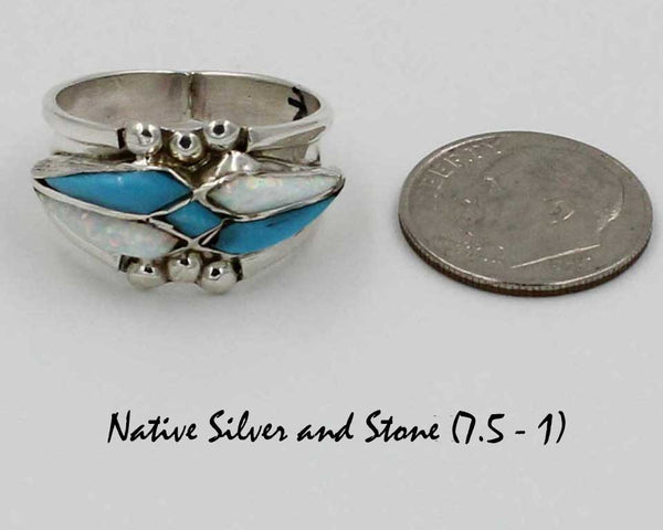 L Panteah (Copy of Arick & L Lukila) - Zuni<br>Native American Jewelry - Ring<br>Turquoise & Opal Inlay<br>Sterling Silver Multiple Sizes (See Drop-down)