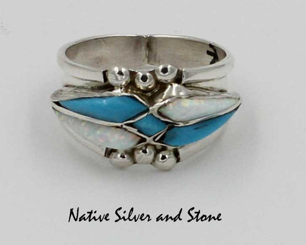 L Panteah (Copy of Arick & L Lukila) - Zuni<br>Native American Jewelry - Ring<br>Turquoise & Opal Inlay<br>Sterling Silver Multiple Sizes (See Drop-down)
