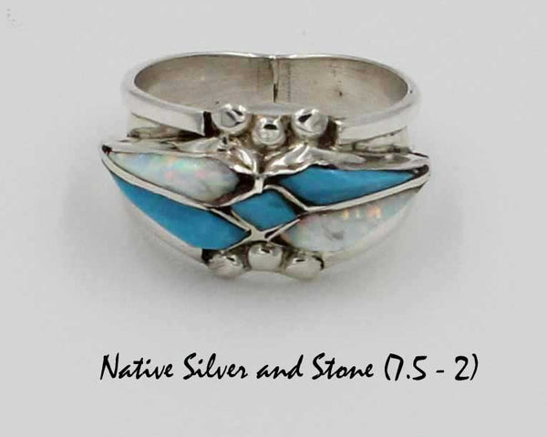 L Panteah (Copy of Arick & L Lukila) - Zuni<br>Native American Jewelry - Ring<br>Turquoise & Opal Inlay<br>Sterling Silver Multiple Sizes (See Drop-down)