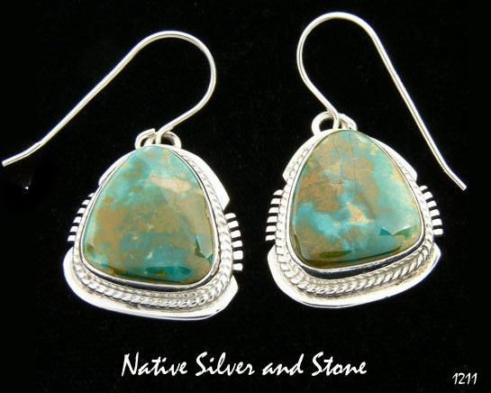 Z Larsen Lee,  Navajo<br>Earrings<br>Crow Springs Turquoise<br>Hook<br>Twist Wire & Sawcut Perimeter<br>Sterling Silver