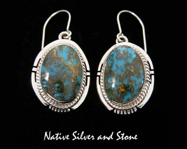 Z Larsen Lee, Navajo<br>13/16" Earrings<br>Sunnyside Turquoise<br>Small Ovals<br>Twist & Sawcut Perimeter<br>Hook<br>Sterling Silver