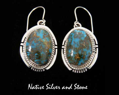 Z Larsen Lee, Navajo<br>13/16" Earrings<br>Sunnyside Turquoise<br>Small Ovals<br>Twist & Sawcut Perimeter<br>Hook<br>Sterling Silver