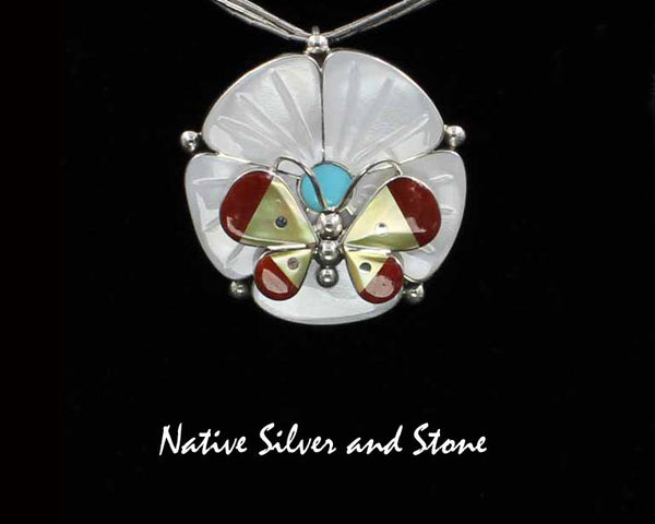 Leavus Ahiyite - Zuni<br>1-5/16"Pendant/Pin<br> Butterfly<br>White & Gold Lip Mother of Pearl<br>Coral & Turquoise<br>Sterling Silver
