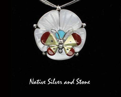 Leavus Ahiyite - Zuni<br>1-5/16"Pendant/Pin<br> Butterfly<br>White & Gold Lip Mother of Pearl<br>Coral & Turquoise<br>Sterling Silver