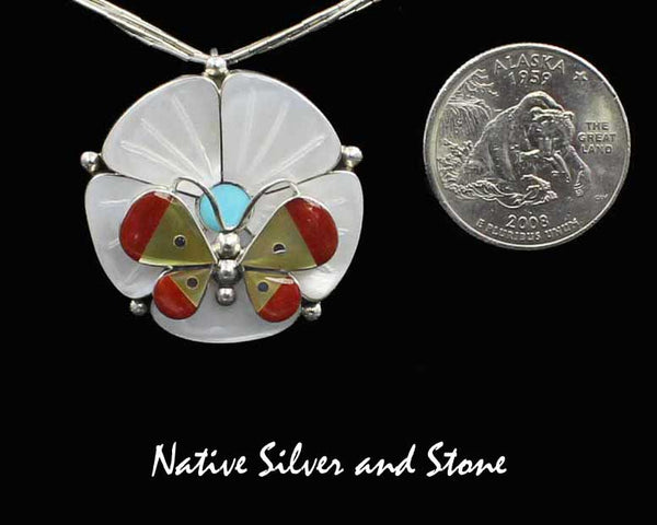Leavus Ahiyite - Zuni<br>1-5/16"Pendant/Pin<br> Butterfly<br>White & Gold Lip Mother of Pearl<br>Coral & Turquoise<br>Sterling Silver