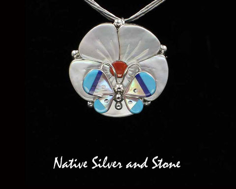 Z Leavus Ahiyite - Zuni<br>1-5/16"Pendant/Pin<br> Butterfly<br>White Mother of Pearl<br>Turquoise, Lapis, Orange Spiny<br>Sterling Silver