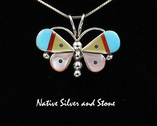 Z Leavus Ahiyite - Zuni<br>5/8"Pendant<br> Butterfly<br>Pink & Gold Lip Mother of Pearl,<br>Turquoise & Coral<br>Sterling Silver