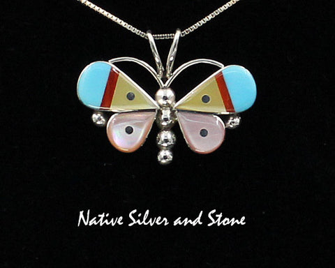 Z Leavus Ahiyite - Zuni<br>5/8"Pendant<br> Butterfly<br>Pink & Gold Lip Mother of Pearl,<br>Turquoise & Coral<br>Sterling Silver