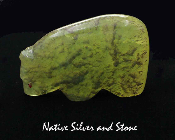 Z Bear on Fours<br>Zuni Fetish Carving<br>Lena Boone<br>Brazilian Fluorite<br>Coral Accents