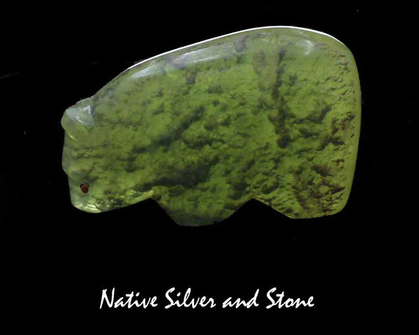 Z Bear on Fours<br>Zuni Fetish Carving<br>Lena Boone<br>Brazilian Fluorite<br>Coral Accents