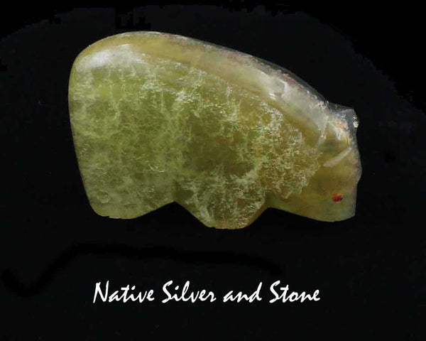 Z Bear on Fours<br>Zuni Fetish Carving<br>Lena Boone<br>Brazilian Fluorite<br>Coral Accents