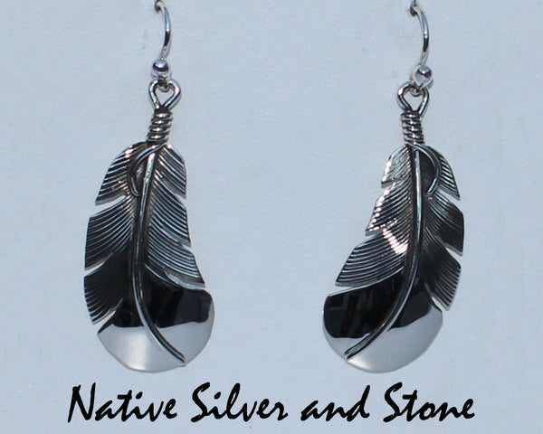 Z Lena Platero - Navajo<br>1-1/8" Earrings<br>Feather - Medium Small <br>Rounded Bottom<br>Hook<br>Sterling Silver
