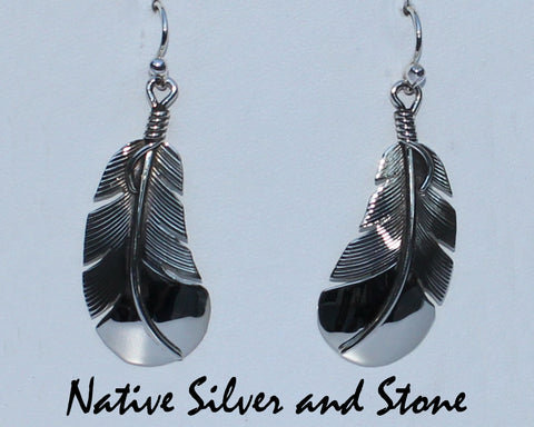 Z Lena Platero - Navajo<br>1-1/8" Earrings<br>Feather - Medium Small <br>Rounded Bottom<br>Hook<br>Sterling Silver
