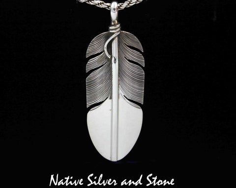 Z Lena Platero<br>Navajo<br>Pendant<br>Handmade Medium-Large Feather<br>Sterling Silver