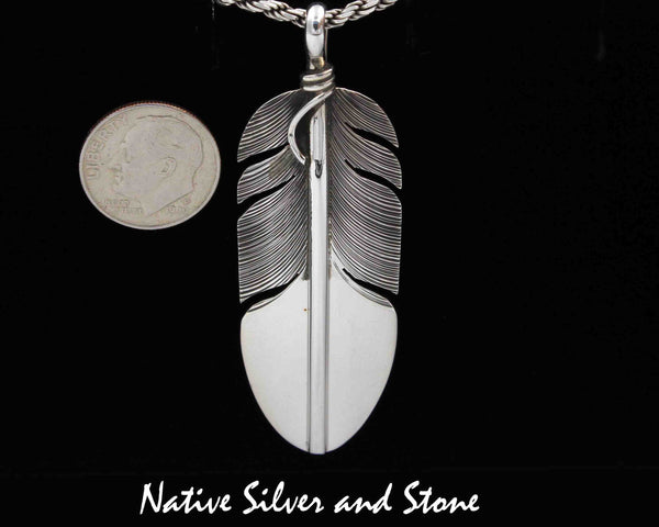 Z Lena Platero<br>Navajo<br>Pendant<br>Handmade Medium-Large Feather<br>Sterling Silver