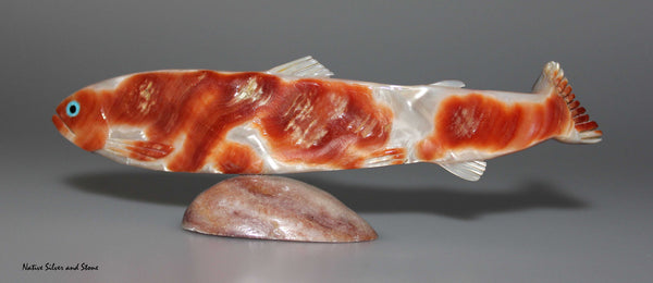 Z Fish 2 Long<br>Zuni Fetish Carving<br>Lloyd Tsalabutie<br>Abalone Shell w Turquoise & Jet Eyes and Jasper Base