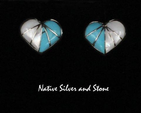 Lorna Mankee-Zuni<br>1/2" Earrings - Heart<br>Turquoise & White MOP<br>Post<br>Sterling Silver