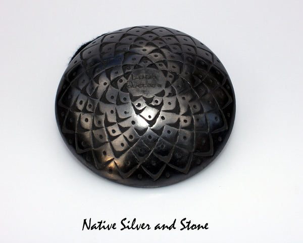 Z Lucia Quezada <br>Mata Ortiz/Nuevo Casa Grandes<br>Pottery - Handmade<br>"Flying Saucer" - Small Size<br>Sawblade Cut<br>Black Graphite <br>1-1/2"H x 3-3/4" Diameter
