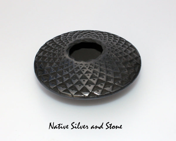 Z Lucia Quezada <br>Mata Ortiz/Nuevo Casa Grandes<br>Pottery - Handmade<br>"Flying Saucer" - Small Size<br>Sawblade Cut<br>Black Graphite <br>1-1/2"H x 3-3/4" Diameter