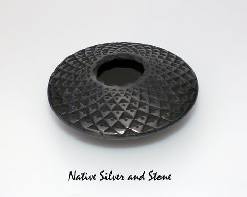 Z Lucia Quezada <br>Mata Ortiz/Nuevo Casa Grandes<br>Pottery - Handmade<br>"Flying Saucer" - Small Size<br>Sawblade Cut<br>Black Graphite <br>1-1/2"H x 3-3/4" Diameter