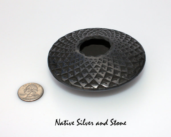 Z Lucia Quezada <br>Mata Ortiz/Nuevo Casa Grandes<br>Pottery - Handmade<br>"Flying Saucer" - Small Size<br>Sawblade Cut<br>Black Graphite <br>1-1/2"H x 3-3/4" Diameter