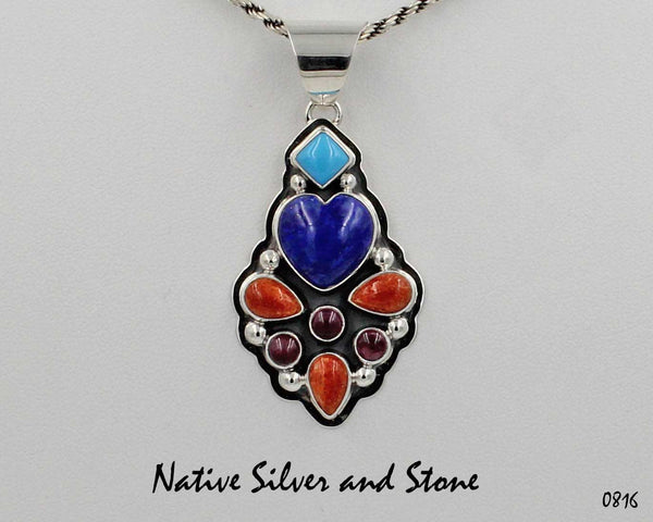 Z Lyle Piaso - Navajo<br>Heart Pendant (Only)<br>Handmade Freeform Multi-Inlay<br>Oxidized Sterling Silver<br>Lapis Lazuli, Orange Spiny,<br>Purple Spiny Oyster,<br>Sleeping beauty Turquoise