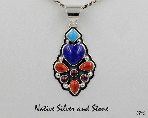 Z Lyle Piaso - Navajo<br>Heart Pendant (Only)<br>Handmade Freeform Multi-Inlay<br>Oxidized Sterling Silver<br>Lapis Lazuli, Orange Spiny,<br>Purple Spiny Oyster,<br>Sleeping beauty Turquoise