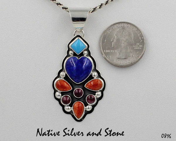 Z Lyle Piaso - Navajo<br>Heart Pendant (Only)<br>Handmade Freeform Multi-Inlay<br>Oxidized Sterling Silver<br>Lapis Lazuli, Orange Spiny,<br>Purple Spiny Oyster,<br>Sleeping beauty Turquoise