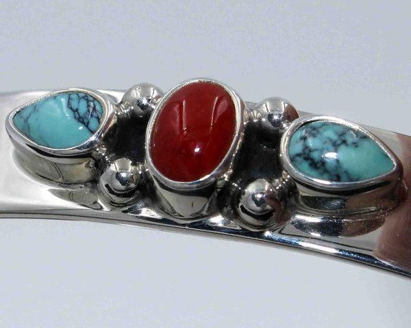 Z Lyle Piaso<br>Navajo Jewelry<br>Handmade Bracelet - 3/8" Cuff<br>Coral & Truquoise on Sterling Silver Overlay<br>Size 6-7/16"