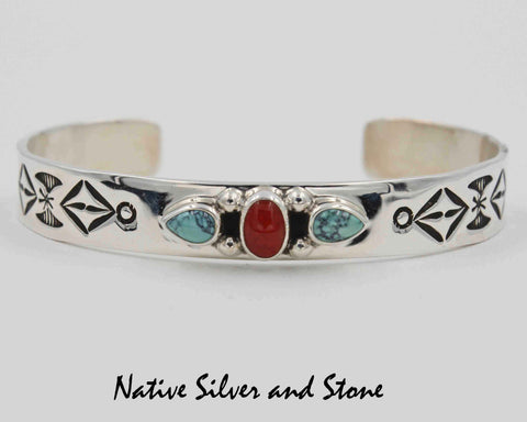 Z Lyle Piaso<br>Navajo Jewelry<br>Handmade Bracelet - 3/8" Cuff<br>Coral & Truquoise on Sterling Silver Overlay<br>Size 6-7/16"