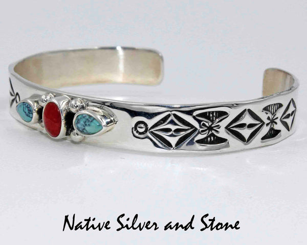 Z Lyle Piaso<br>Navajo Jewelry<br>Handmade Bracelet - 3/8" Cuff<br>Coral & Truquoise on Sterling Silver Overlay<br>Size 6-7/16"