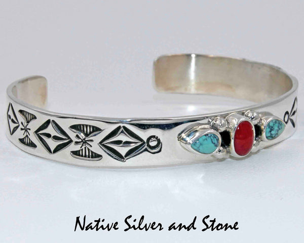 Z Lyle Piaso<br>Navajo Jewelry<br>Handmade Bracelet - 3/8" Cuff<br>Coral & Truquoise on Sterling Silver Overlay<br>Size 6-7/16"