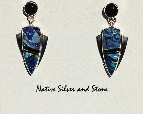 Z Marie Tsosie  - Navajo<br>Earrings - Dangle Post Multi-Inlay <br>Arrowhead with Onyx Dot<br>Azurite, Opal, Onyx<br> Silver Flanges