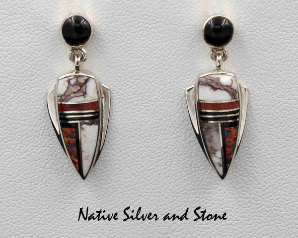 Z Marie Tsosie  - Navajo<br>1-1/8" Earrings - Multi-Inlay<br>Appaloosa, Opal, Onyx, Coral<br>Arrowhead with Flanges & Onyx Dot<br>Dangle Post<br>Sterling Silver