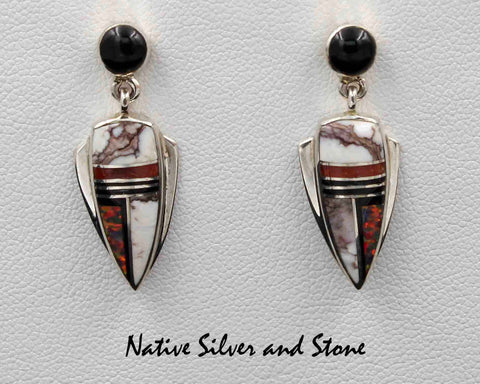 Z Marie Tsosie  - Navajo<br>1-1/8" Earrings - Multi-Inlay<br>Appaloosa, Opal, Onyx, Coral<br>Arrowhead with Flanges & Onyx Dot<br>Dangle Post<br>Sterling Silver