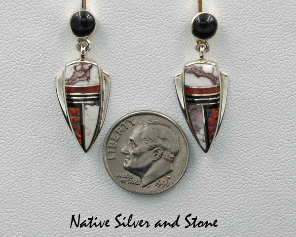 Z Marie Tsosie  - Navajo<br>1-1/8" Earrings - Multi-Inlay<br>Appaloosa, Opal, Onyx, Coral<br>Arrowhead with Flanges & Onyx Dot<br>Dangle Post<br>Sterling Silver