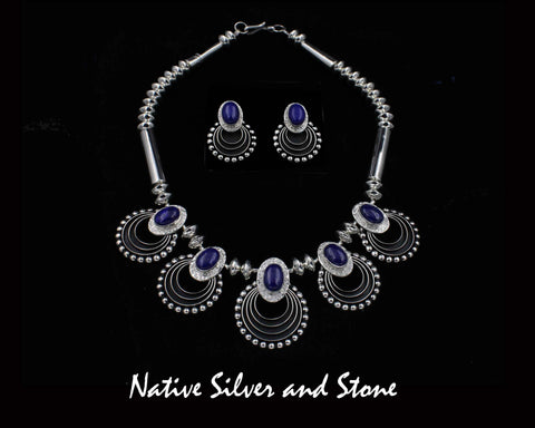 Z Mary Tom - Navajo<br>Necklace & Earrings Set<br>19-3/4" Lapis Choker<br>Square & Oval Beads with Flutes<br> & Matching Post Earrings