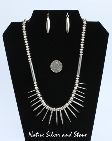 Z Mary Tom - Navajo Jewelry<br>Handmade Necklace<br> Sterling Silver Bearclaw Set<br>Square & Oval Beads with Flutes<br> & Matching French Wire Earrings