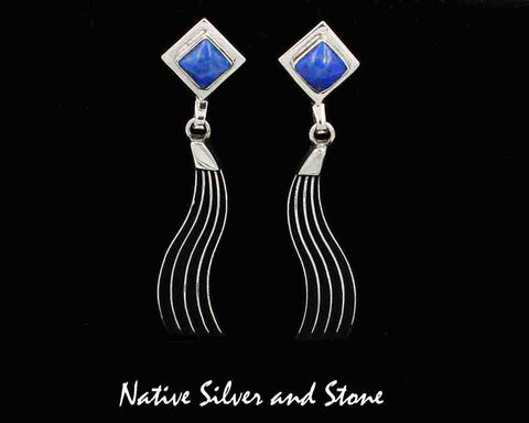 Z Mary Tom - Navajo<br>2-3/4" Earrings - Dangle Post<br>Silver Diamond w Denim Lapis Inlay<br>Oxidized Wavy Tracks<br>Sterling Silver