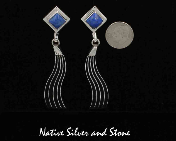 Z Mary Tom - Navajo<br>2-3/4" Earrings - Dangle Post<br>Silver Diamond w Denim Lapis Inlay<br>Oxidized Wavy Tracks<br>Sterling Silver