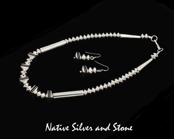 Mary Tom - Navajo<br>Handmade Choker Necklace & Earrings Set<br> Sterling Silver Square Bead<br>5 Square & 30 Oval (Navajo Pearls) Beads<br> with 4 Flutes<br> & Matching French Wire Earrings
