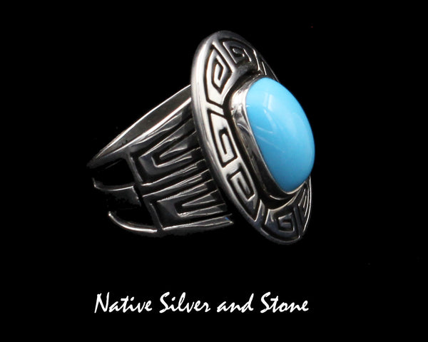 Z Michael Thompson (Deceased)<br>Navajo Jewelry<br>Handmade Ring<br>Turquoise-Sleeping Beauty - Large Rectangle<br>Stamping<br>Size 8