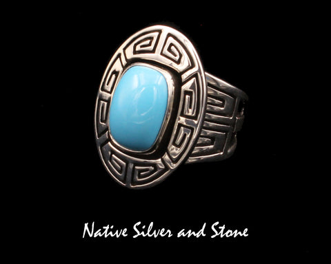 Z Michael Thompson (Deceased)<br>Navajo Jewelry<br>Handmade Ring<br>Turquoise-Sleeping Beauty - Large Rectangle<br>Stamping<br>Size 8