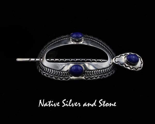 Michael Thompson (Deceased) - Navajo<br>1-1/2" Hair Barrette w Pin (Curved)<br> (3) Lapis Oval Cabochons<br>Stamped & Oxidized Sterling Silver