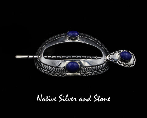 Michael Thompson (Deceased) - Navajo<br>1-1/2" Hair Barrette w Pin (Curved)<br> (3) Lapis Oval Cabochons<br>Stamped & Oxidized Sterling Silver