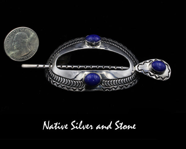 Michael Thompson (Deceased) - Navajo<br>1-1/2" Hair Barrette w Pin (Curved)<br> (3) Lapis Oval Cabochons<br>Stamped & Oxidized Sterling Silver