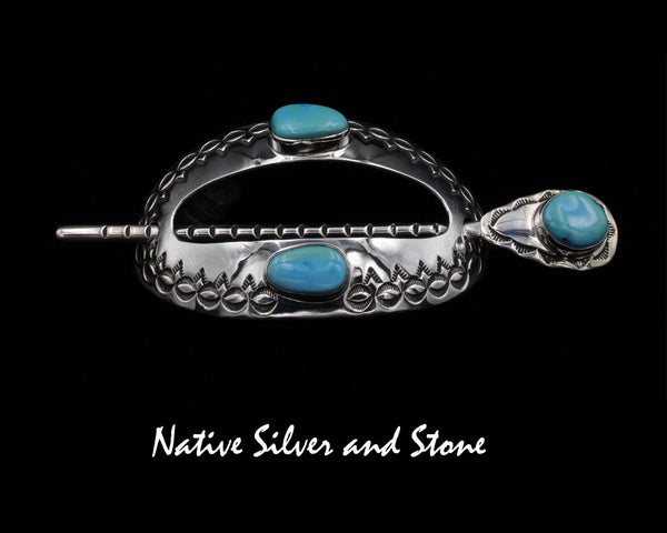 Z Michael Thompson (Deceased) - Navajo<br>1-9/16" Hair Barrette w Pin (Curved)<br> (3) Turquoise Oval Cabochons<br>Stamped & Oxidized Sterling Silver
